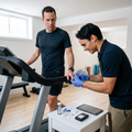 Évaluation lactate à domicile : prélèvement capillaire au bout du doigt, lecteur de lactate sur la table à côté du tapis roulant