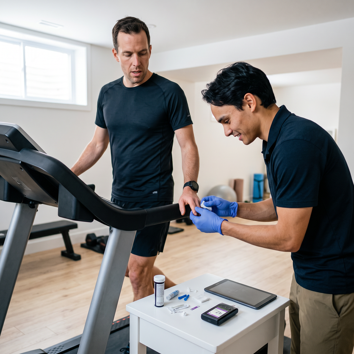 Évaluation lactate à domicile : prélèvement capillaire au bout du doigt, lecteur de lactate sur la table à côté du tapis roulant